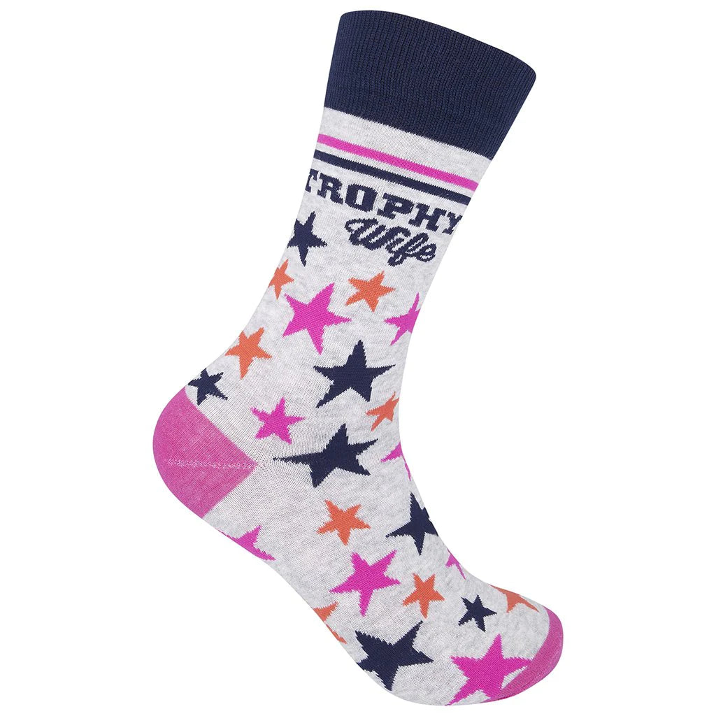 Socks with Trophy Wife lettering pink orange and navy stars on a light gray sock