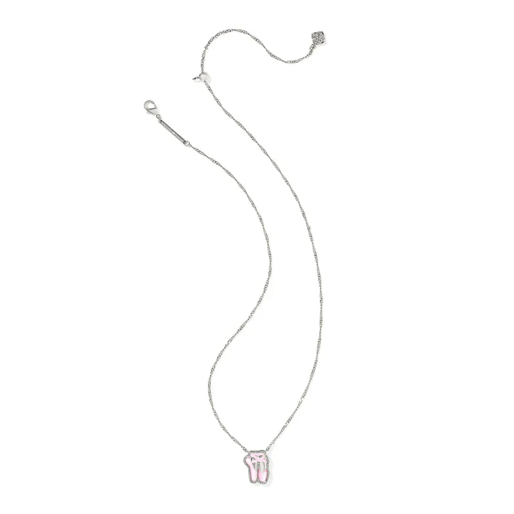 Silver necklace with a small pink pendant on a white background