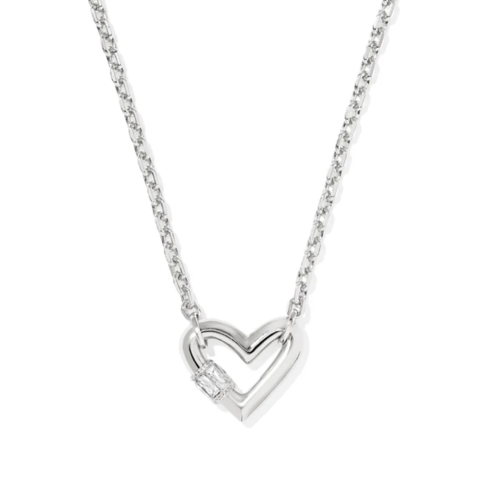 Silver heart-shaped pendant necklace on a white background