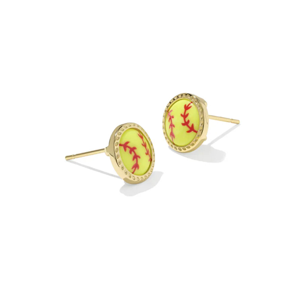 Pair of earrings with yellow oval stones featuring red stitching design on a white background