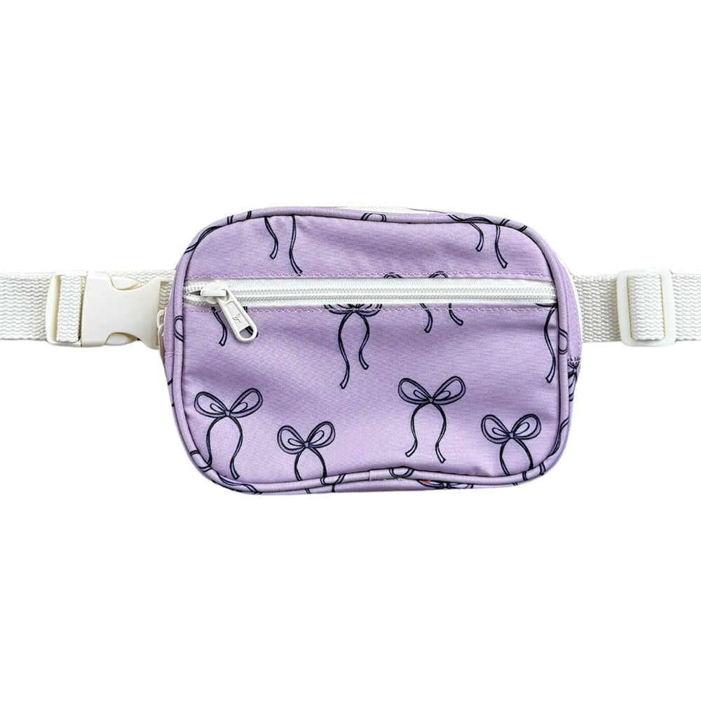 Purple waist bag with bow pattern on a white background