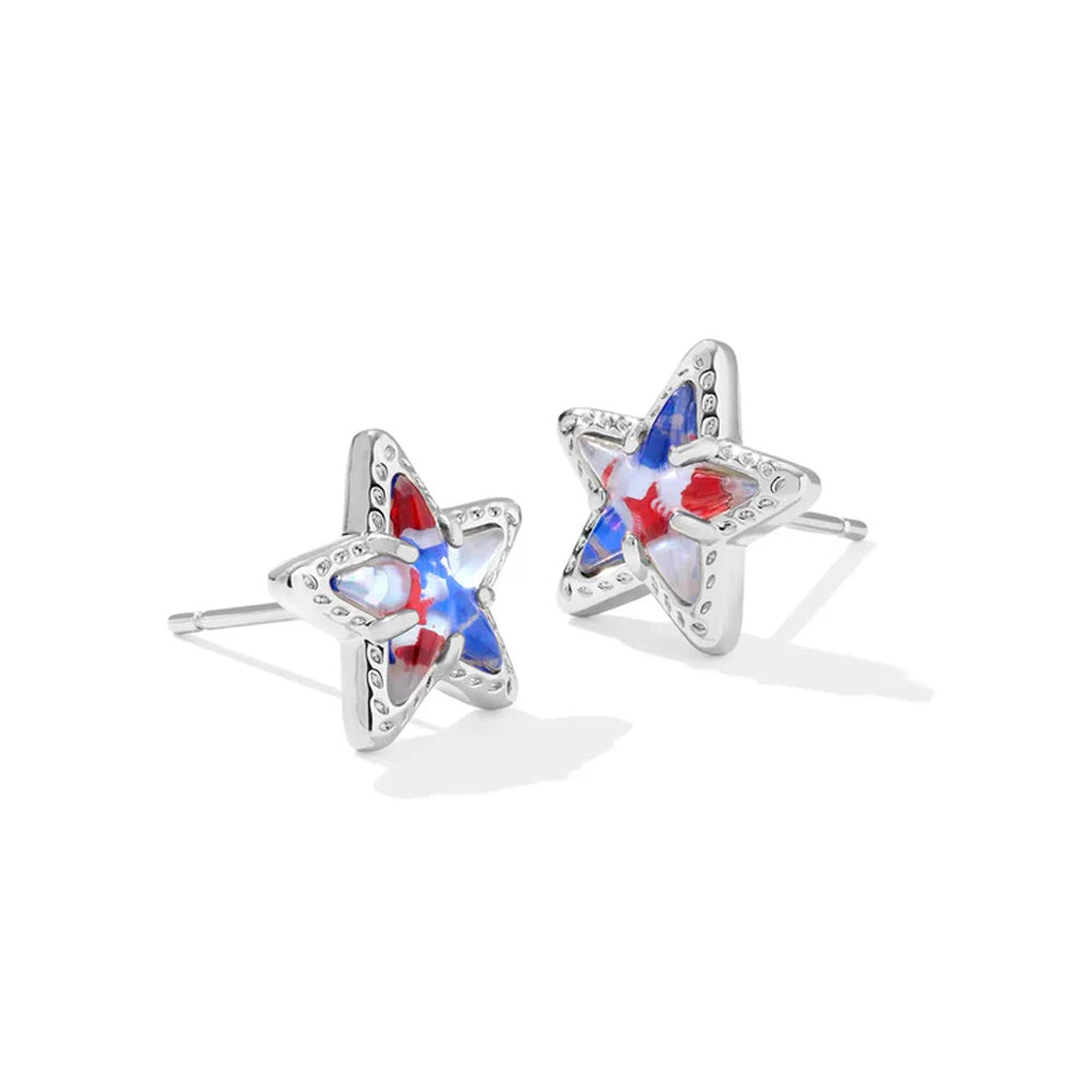 Star-shaped earrings with red, white, and blue design on a white background