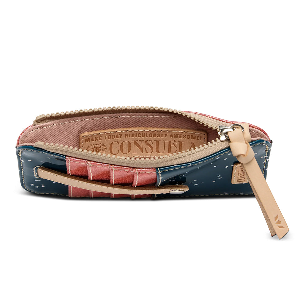 Multicolored pouch with a zipper and handle on a white background