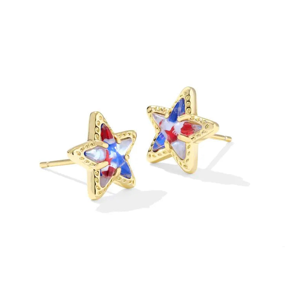 Star-shaped earrings with gold frame and multicolored center on a white background