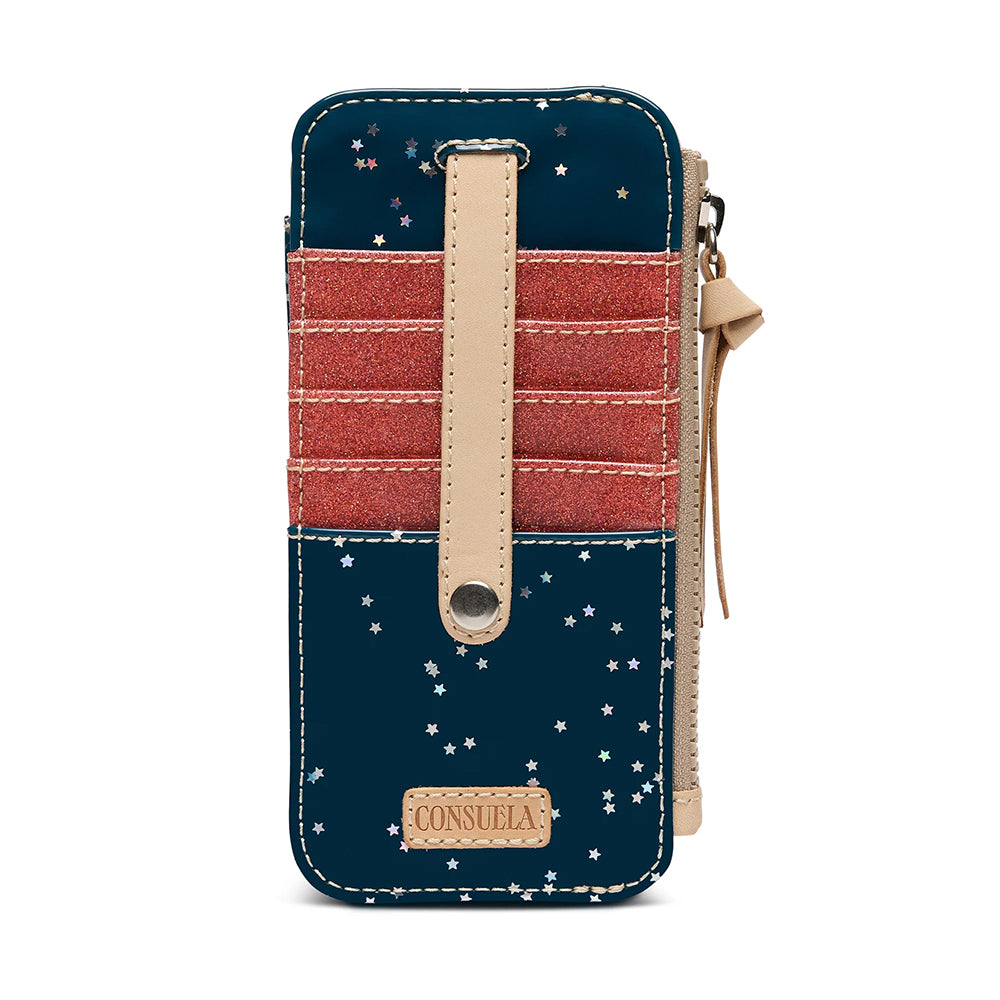 Card organizer with American flag design and 'Consuela' branding on a white background
