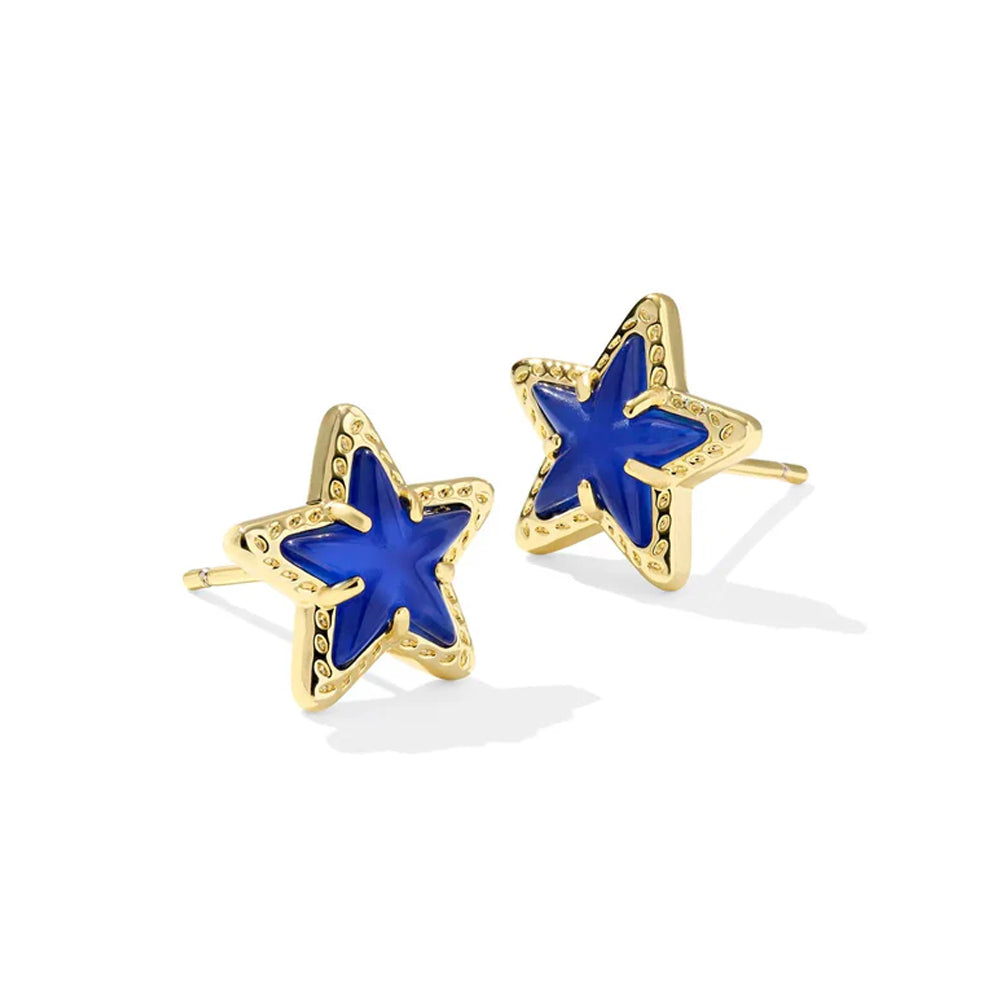 Star-shaped earrings with blue centers and gold outlines on a white background