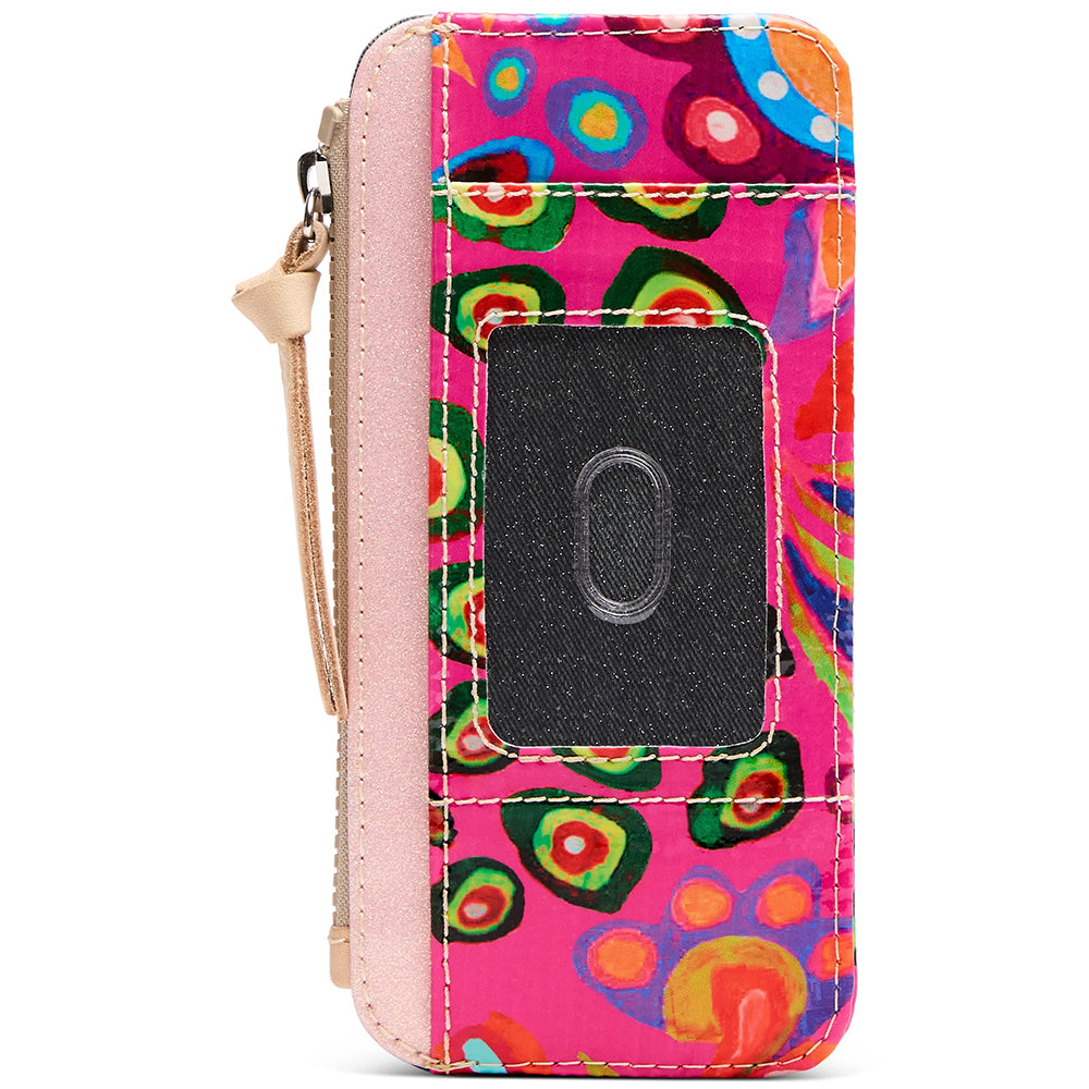 Colorful patterned phone case with a card slot on a white background