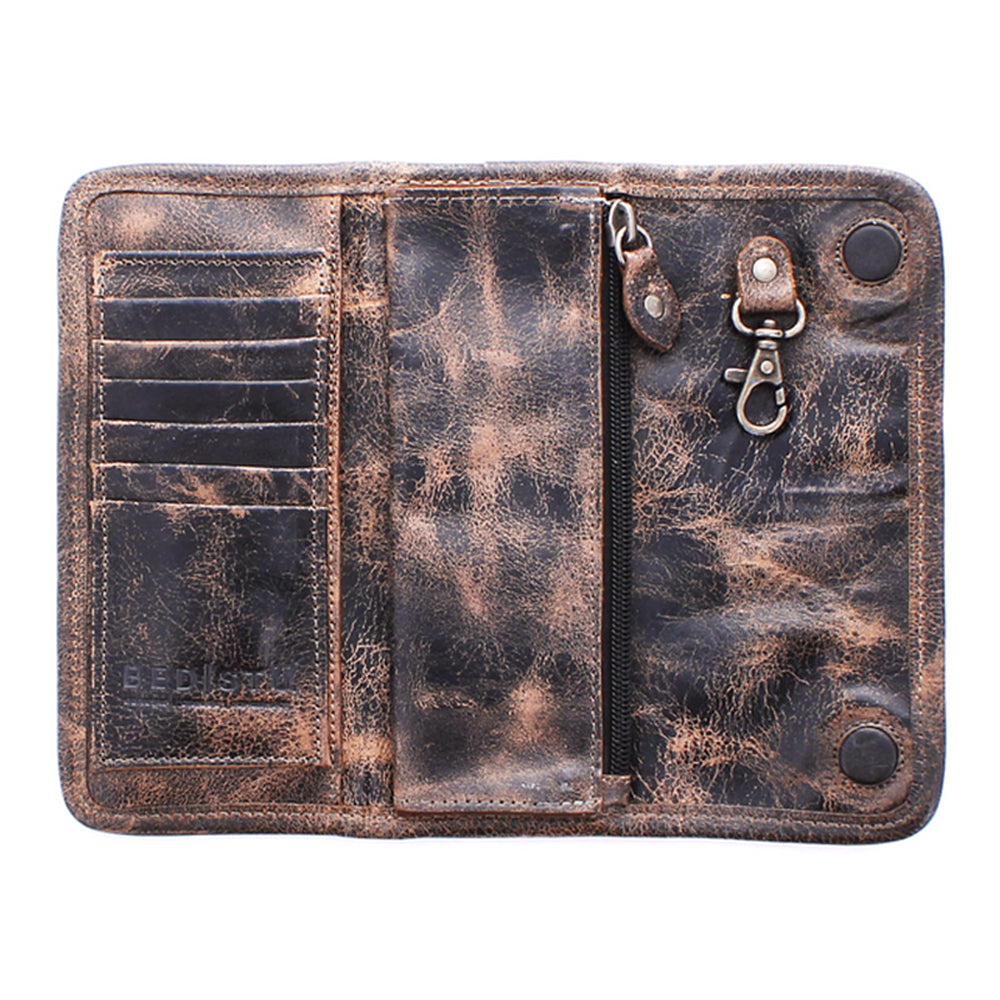 Brown leather wallet with zipper on a white background