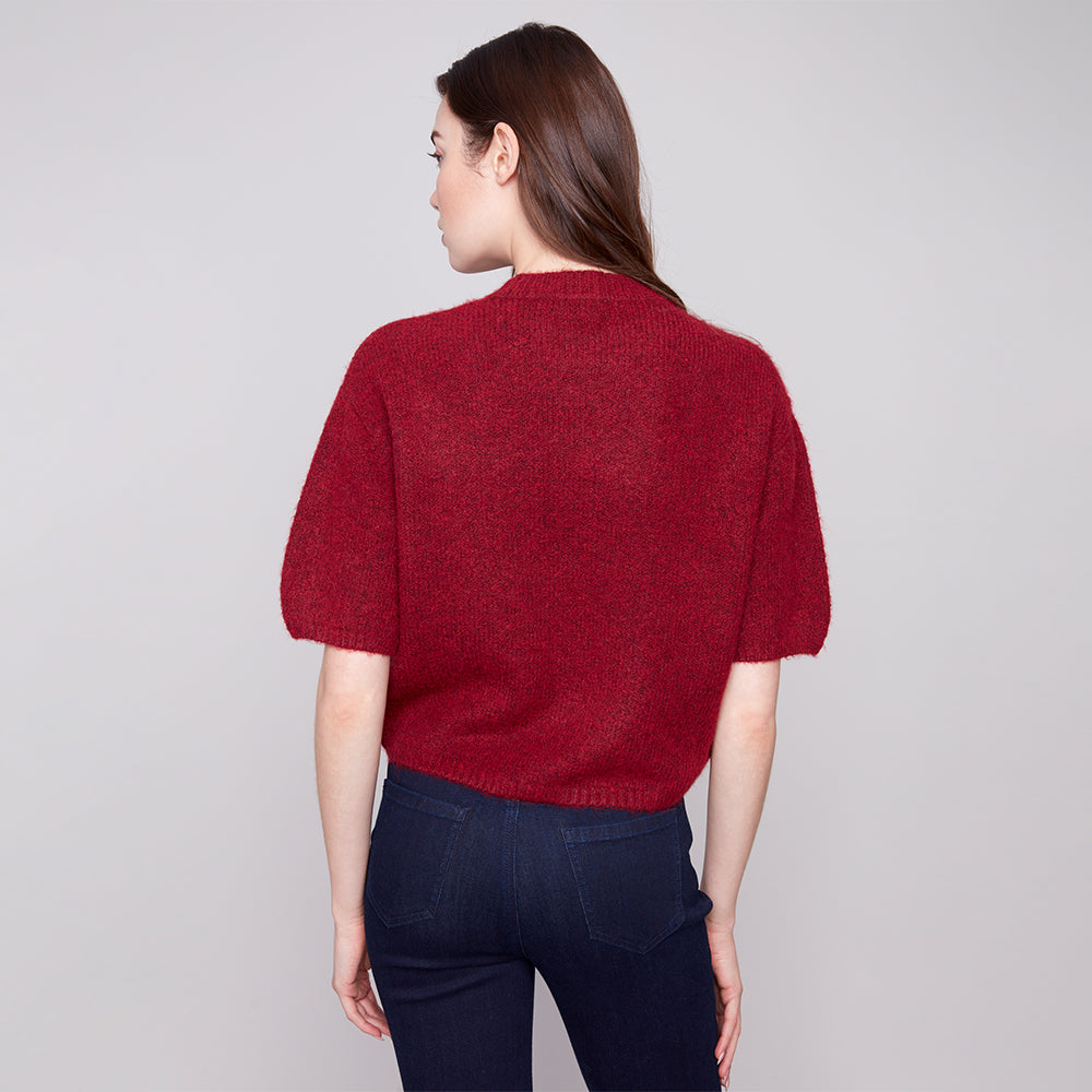 Person wearing a red sweater and dark pants on a plain background