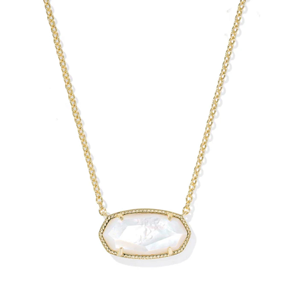 Necklace with a gold chain and a large, clear stone pendant on a white background