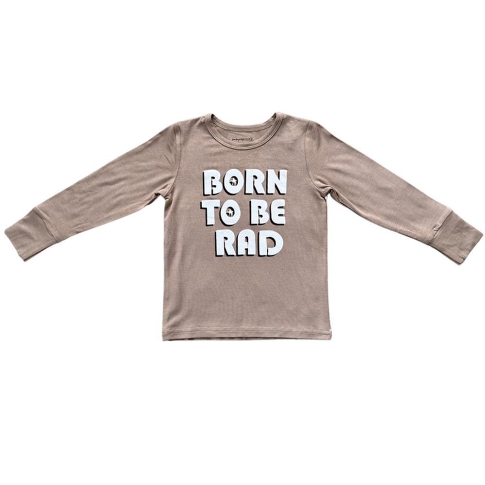 Brown long-sleeve shirt with 'Born to be Rad' text on a white background