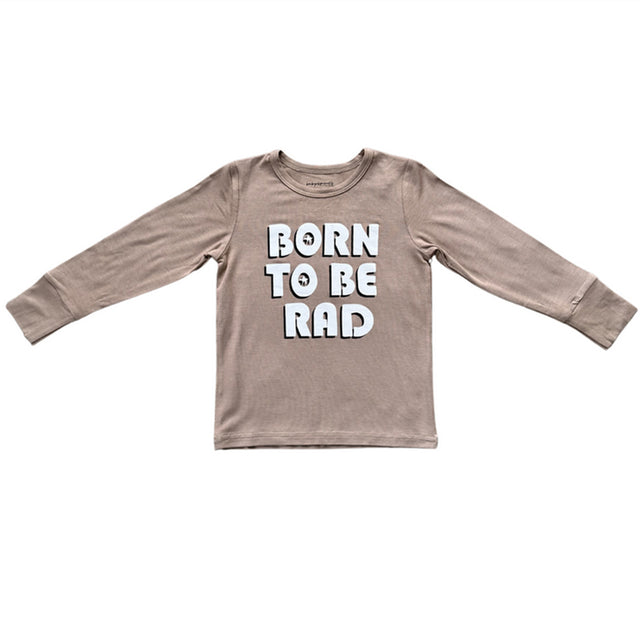 Brown long-sleeve shirt with 'Born to be Rad' text on a white background