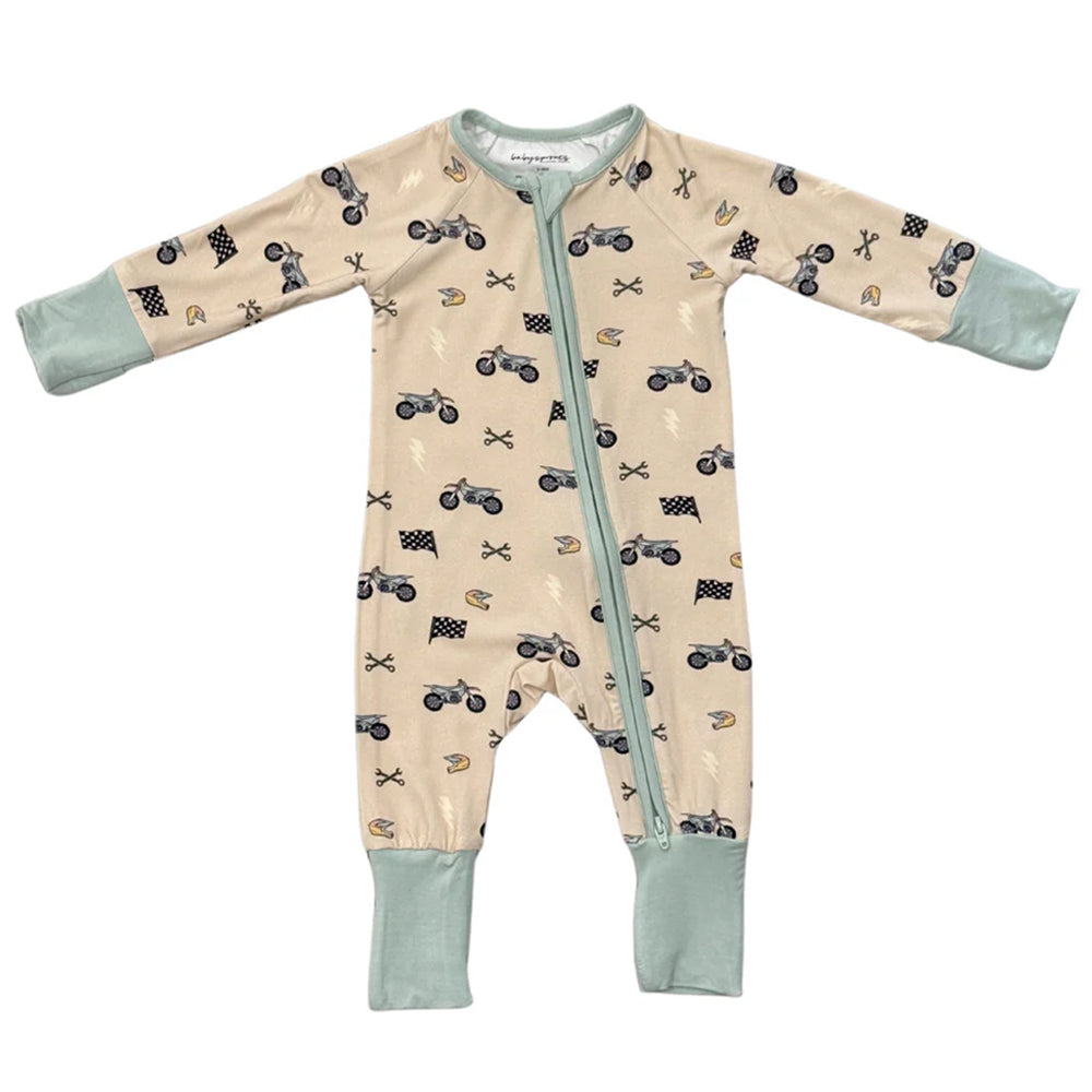 Baby onesie with car pattern and light blue accents on a white background