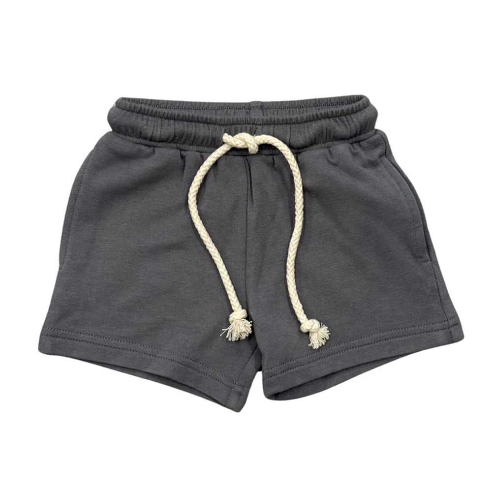 Gray shorts with a drawstring on a white background