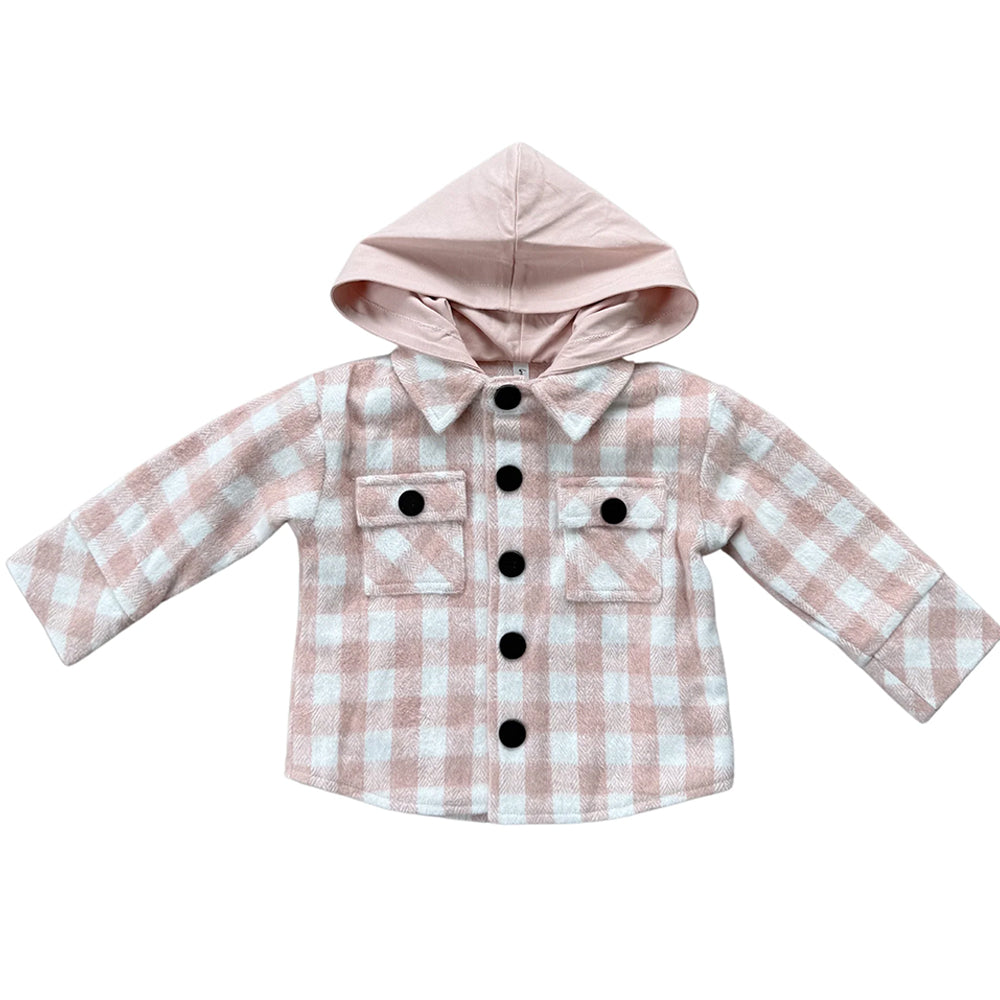 Pink plaid jacket with a hood on a white background