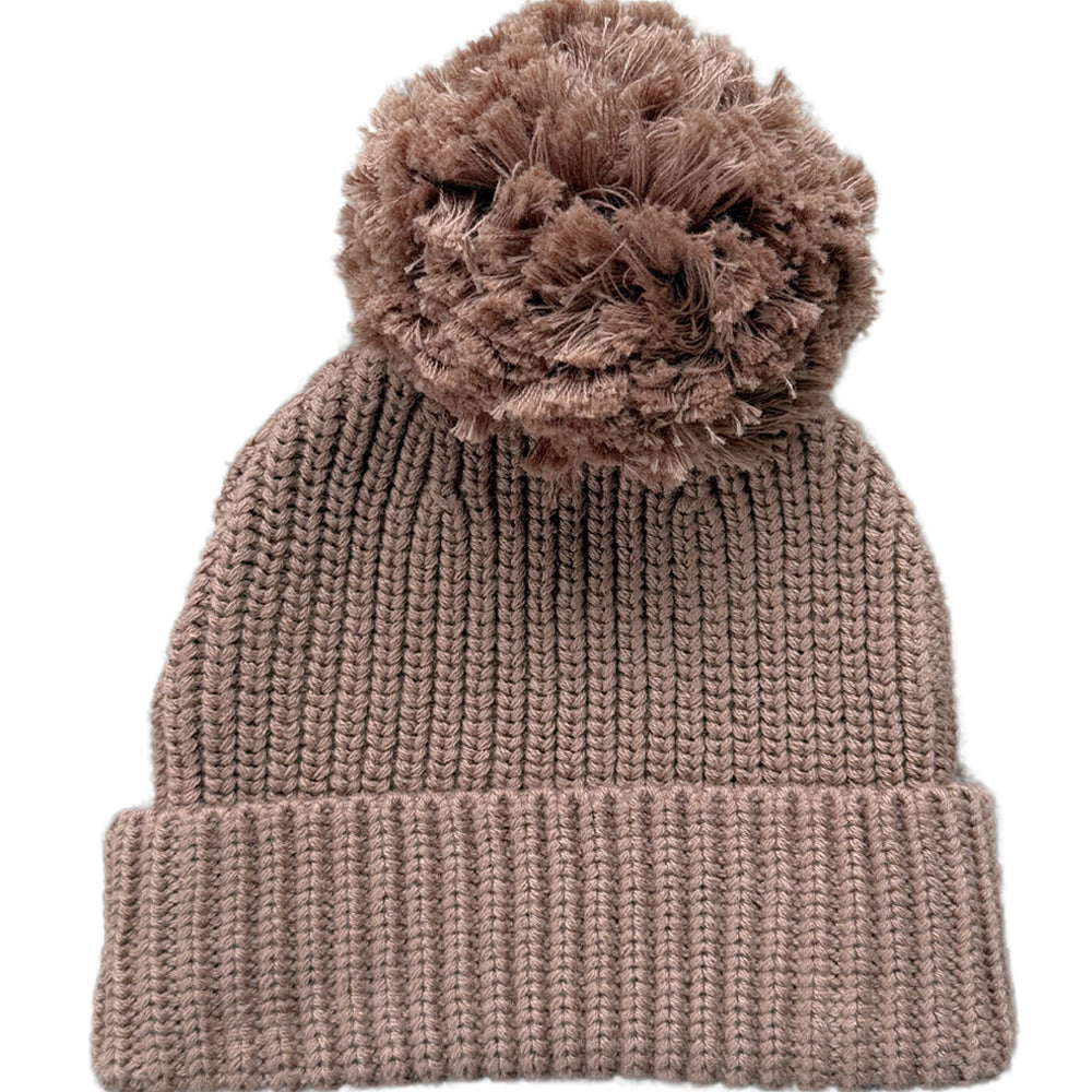 Brown knit beanie with a fluffy pom-pom on a white background