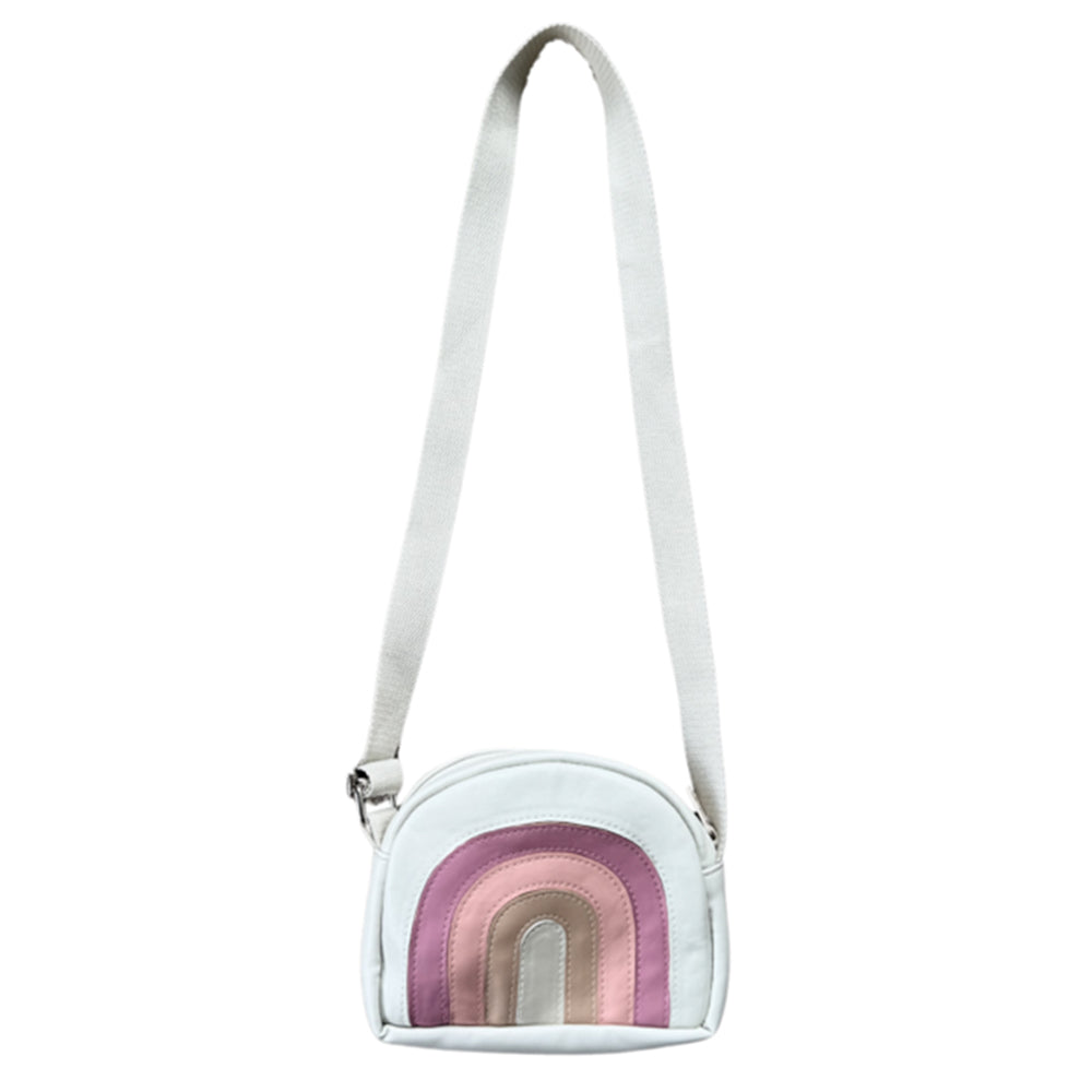 Small white crossbody bag with a rainbow design on a white background