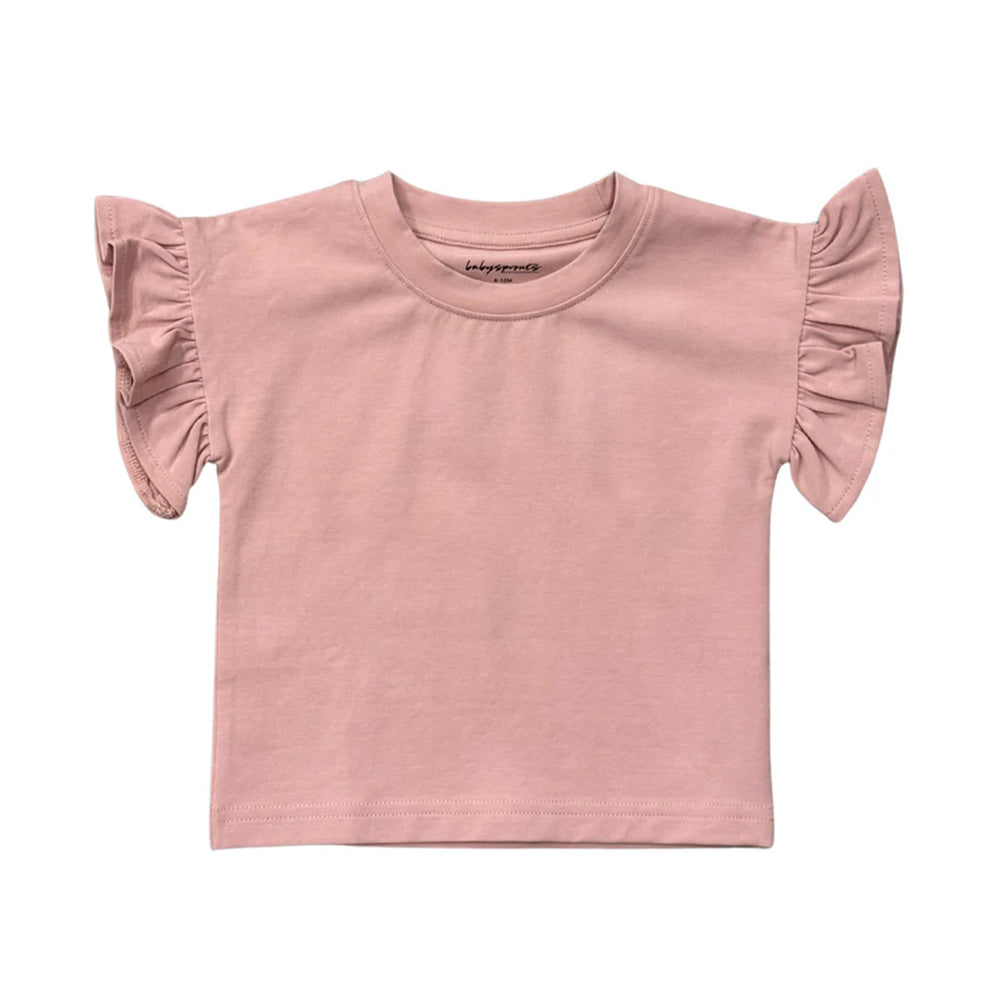Pink children's t-shirt with ruffled sleeves on a white background