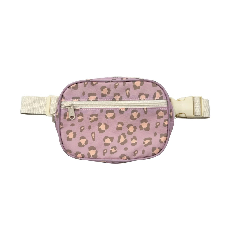 A small waist bag with a dusty purple leopard print pattern and cream-colored straps and zipper, shown against a plain white background.