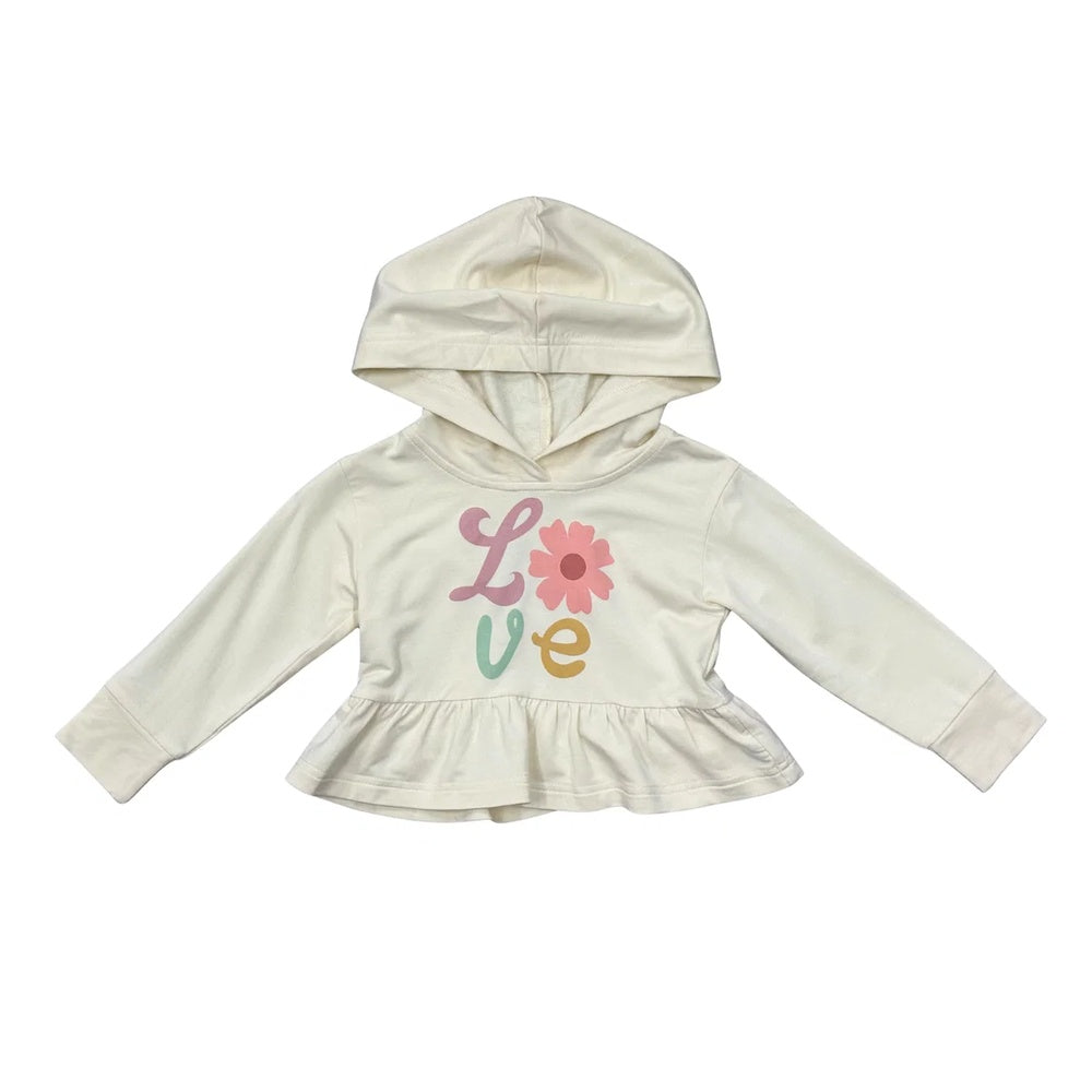 An off-white long-sleeve hooded sweatshirt for toddlers, featuring a ruffled hem and a colorful graphic on the front spelling 'Love' with a flower motif, displayed on a solid white background.