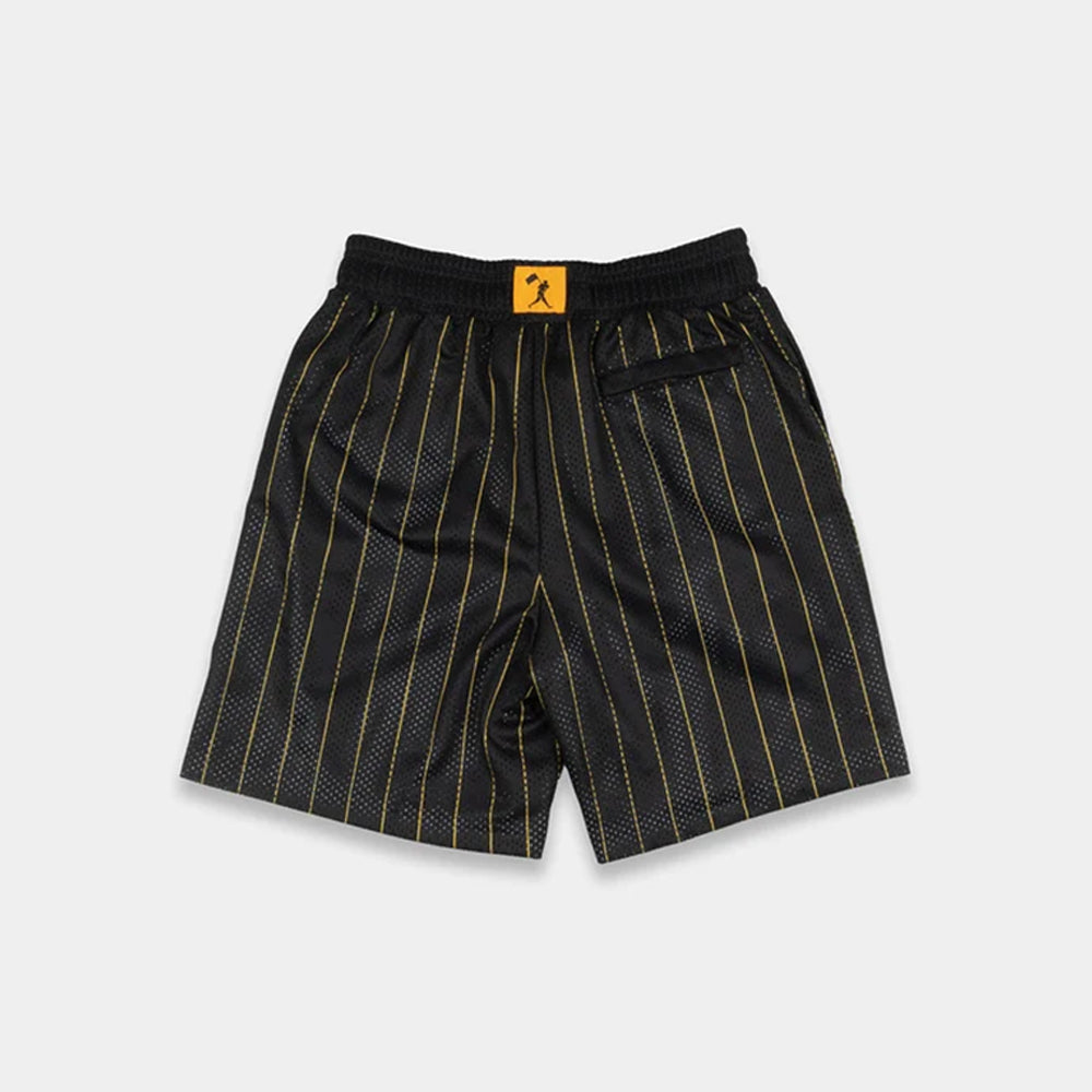 Black athletic shorts with thin yellow vertical pinstripes and a black elastic waistband featuring a small yellow logo patch.