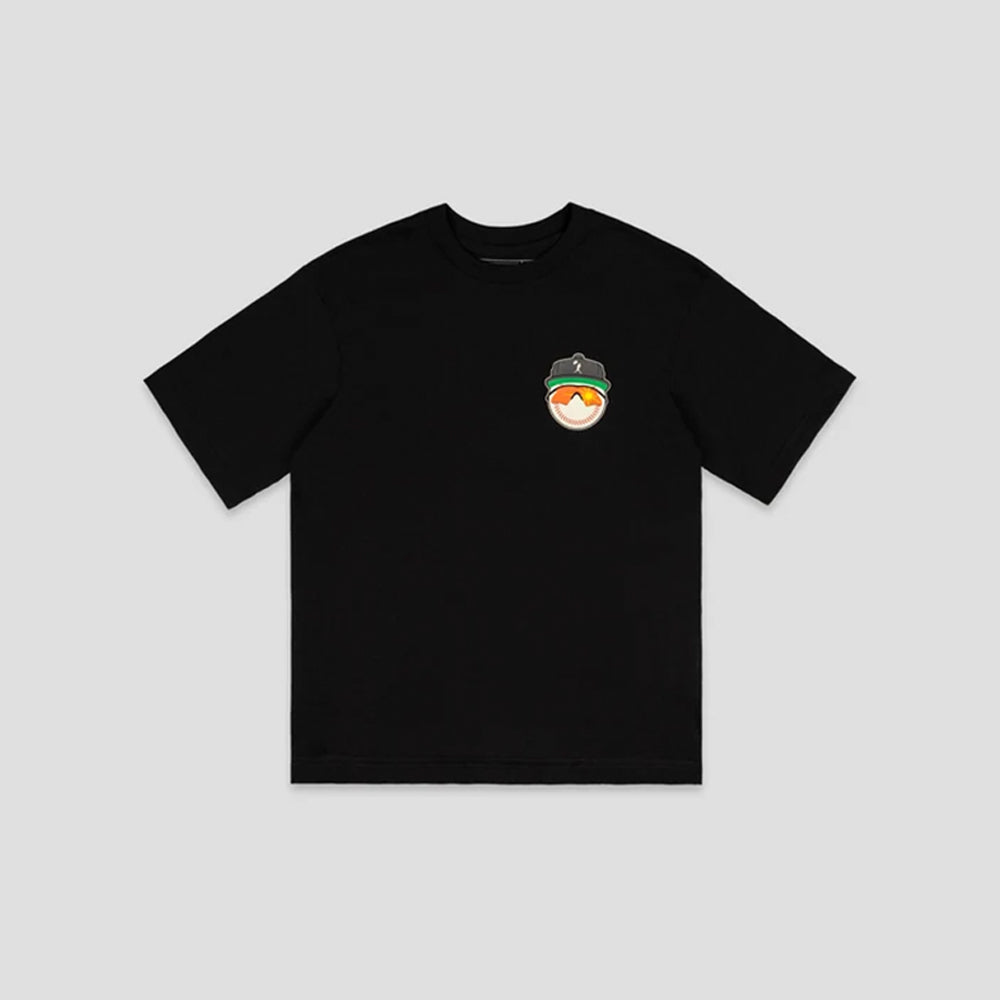 A black short-sleeve crewneck t-shirt with a small cartoon graphic on the left chest, displayed flat against a light gray background.