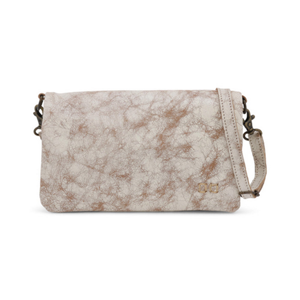 A beige and brown colored Bed Stu Cadence clutch handbag with a solid pattern and a shoulder strap.