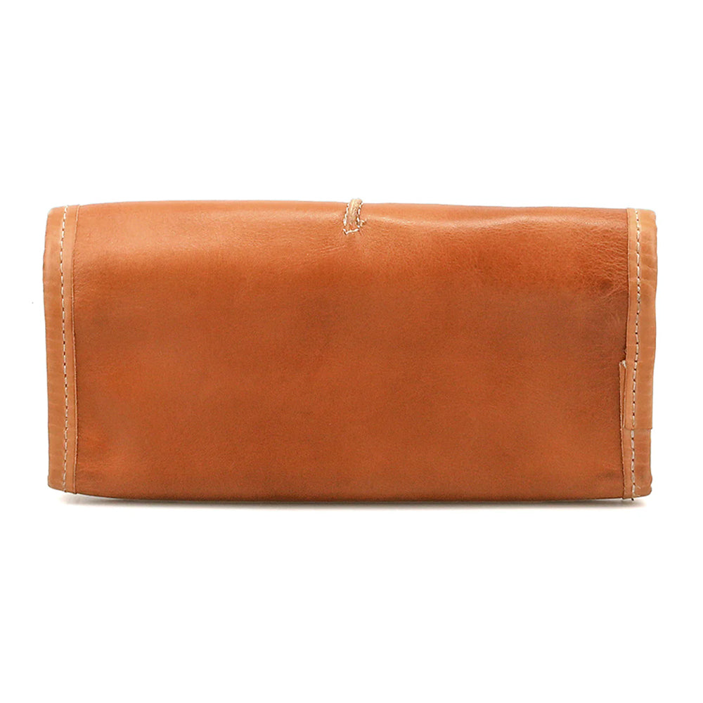 Brown leather clutch bag on a white background