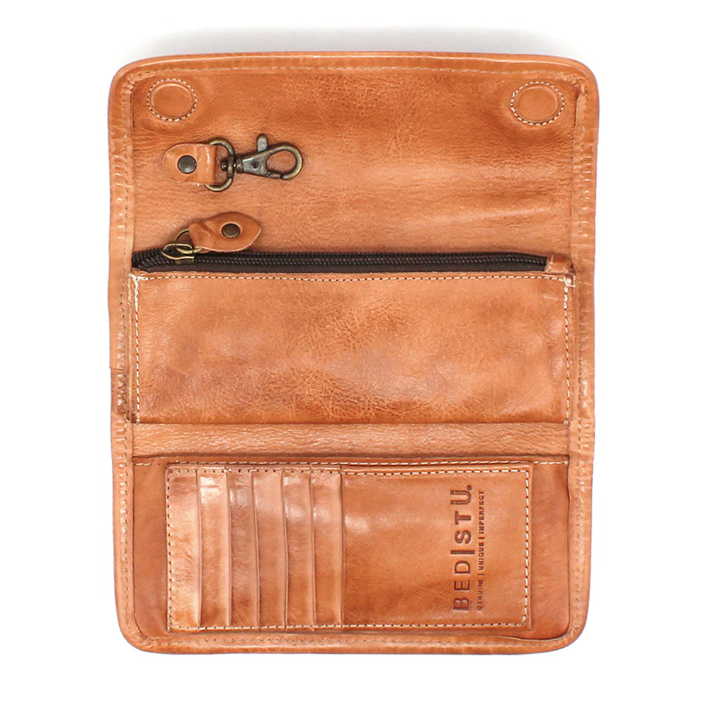 Brown leather wallet with zipper pocket on a white background
