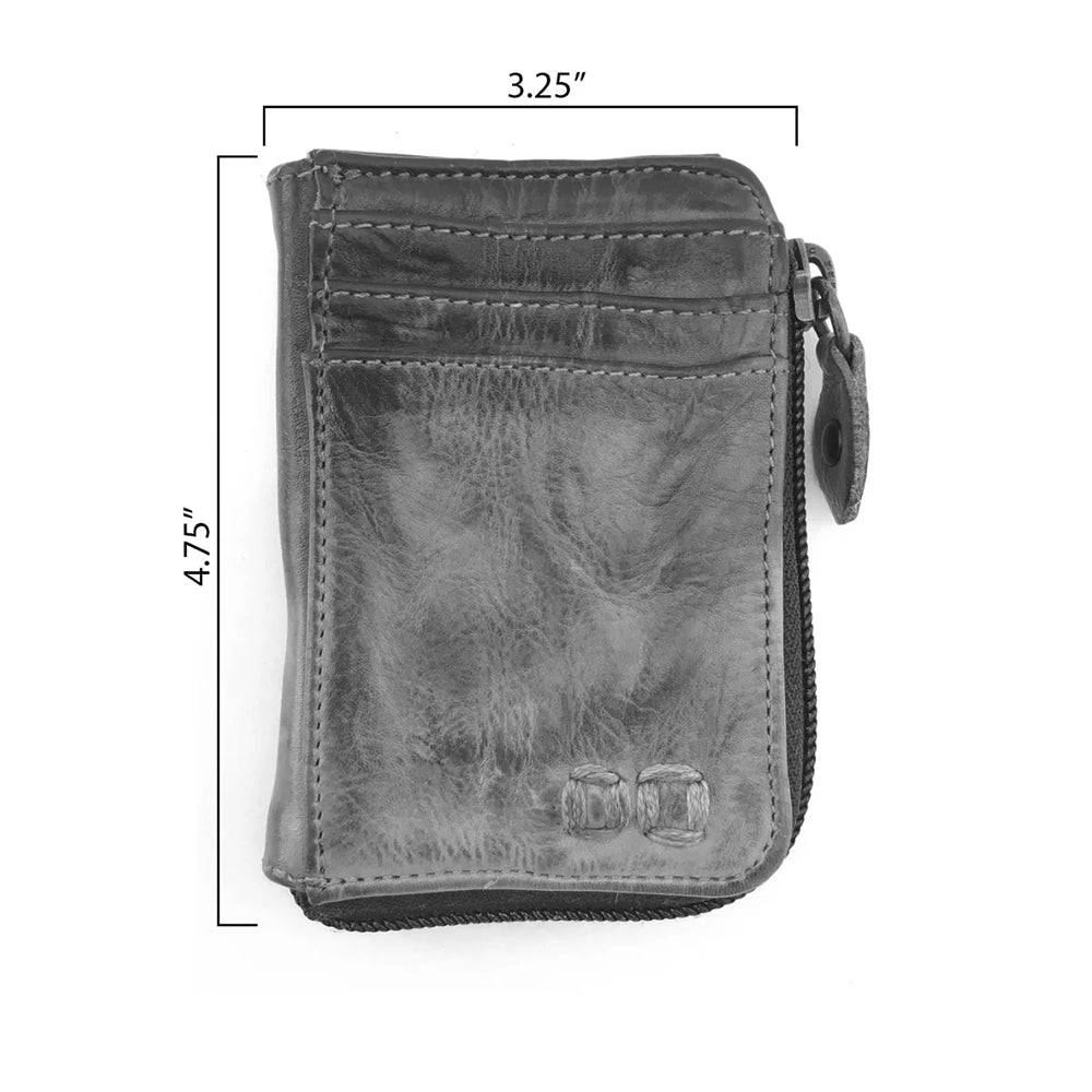 Gray leather wallet with dimensions on a white background