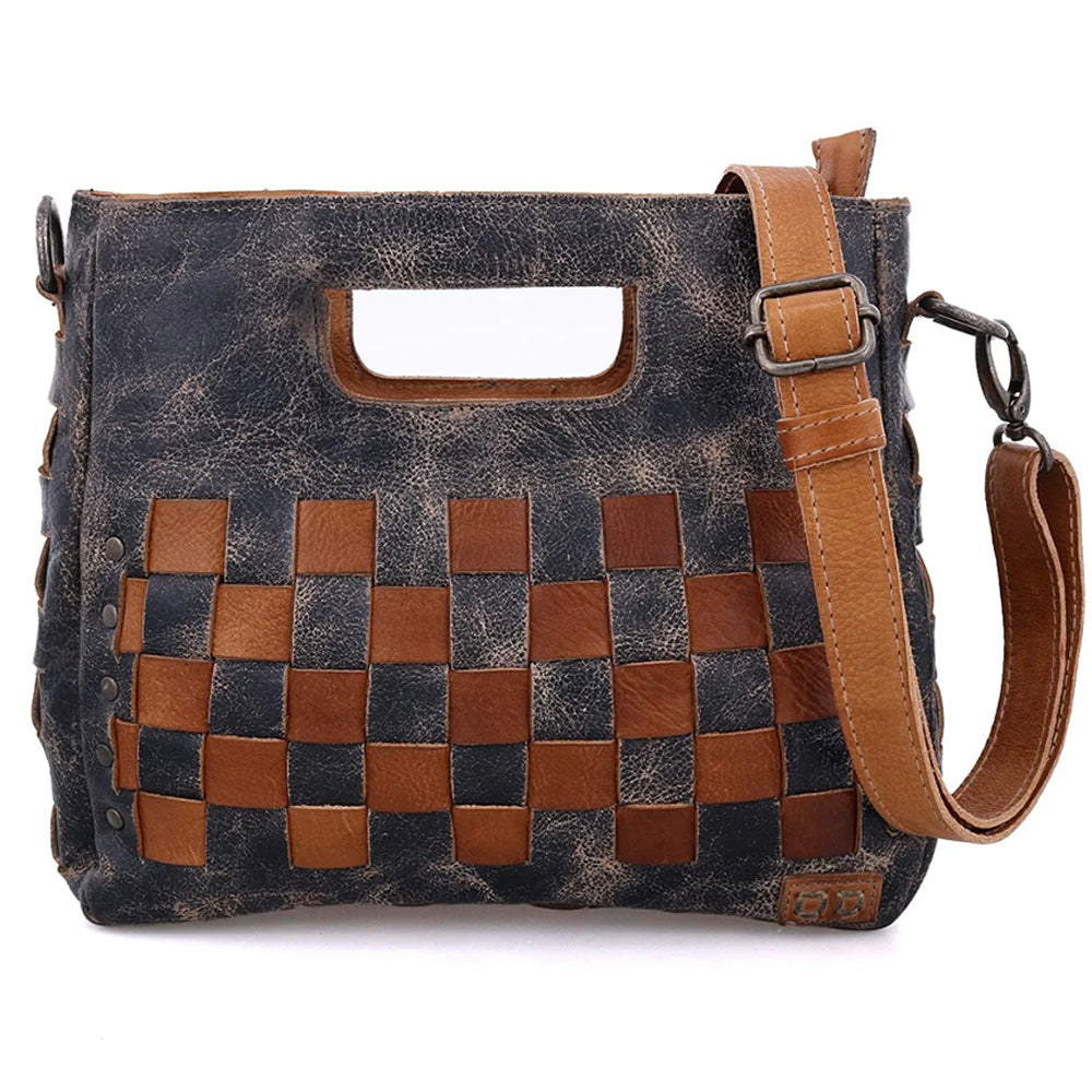 Handbag with woven pattern and brown strap on a white background