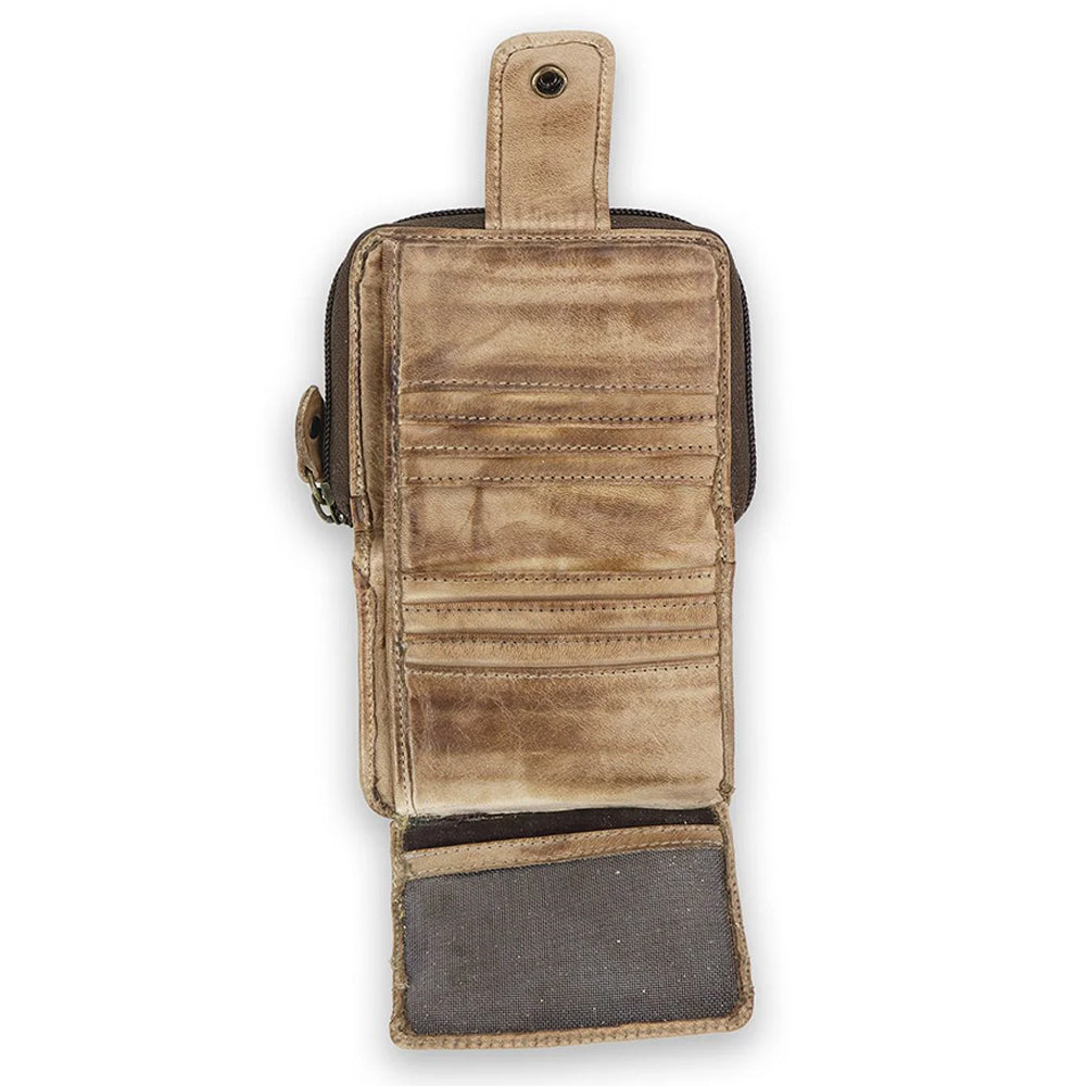 Brown leather wallet with multiple card slots on a white background