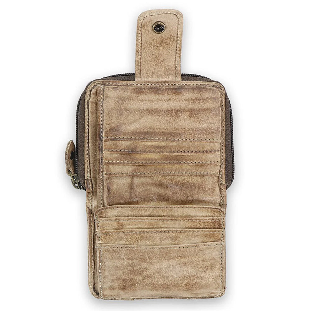 Brown leather wallet with multiple card slots on a white background