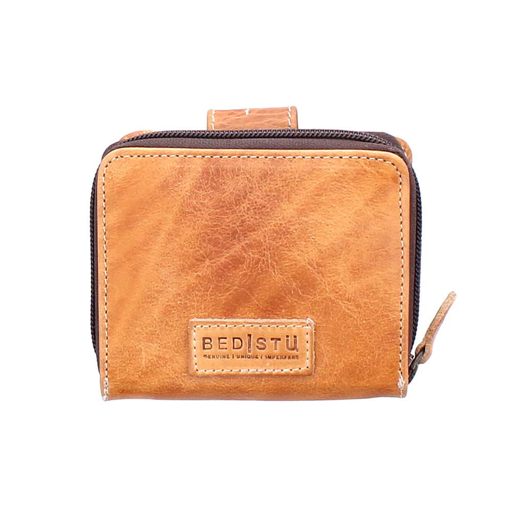 Brown leather wallet with 'BEDISTยฎ' branding on a white background