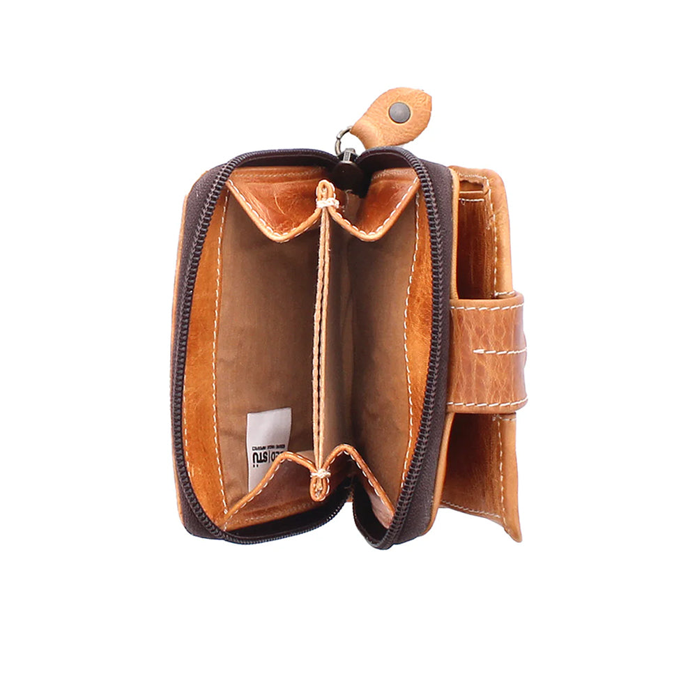 Brown leather wallet with a keychain on a white background