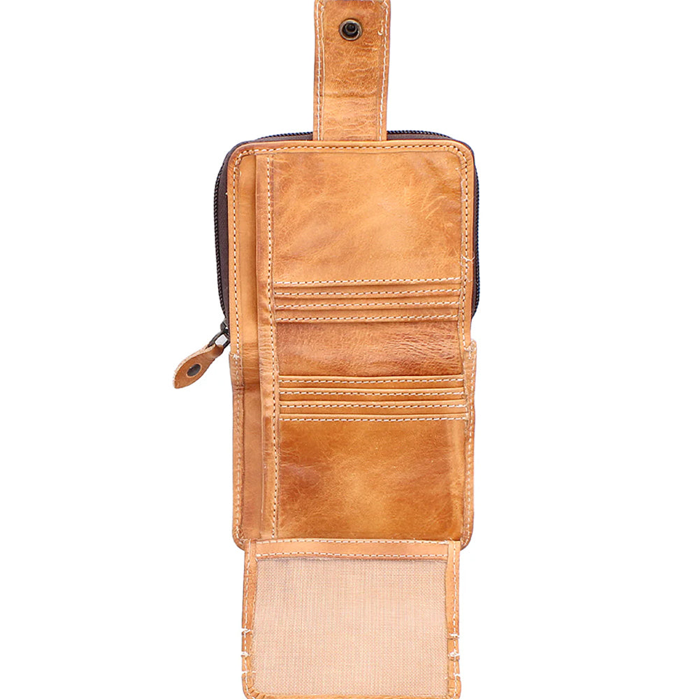 Brown leather pouch with a mesh pocket on a white background