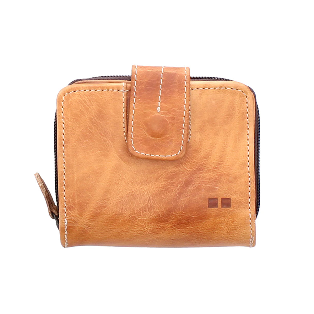 Brown leather wallet with a visible brand logo on a white background