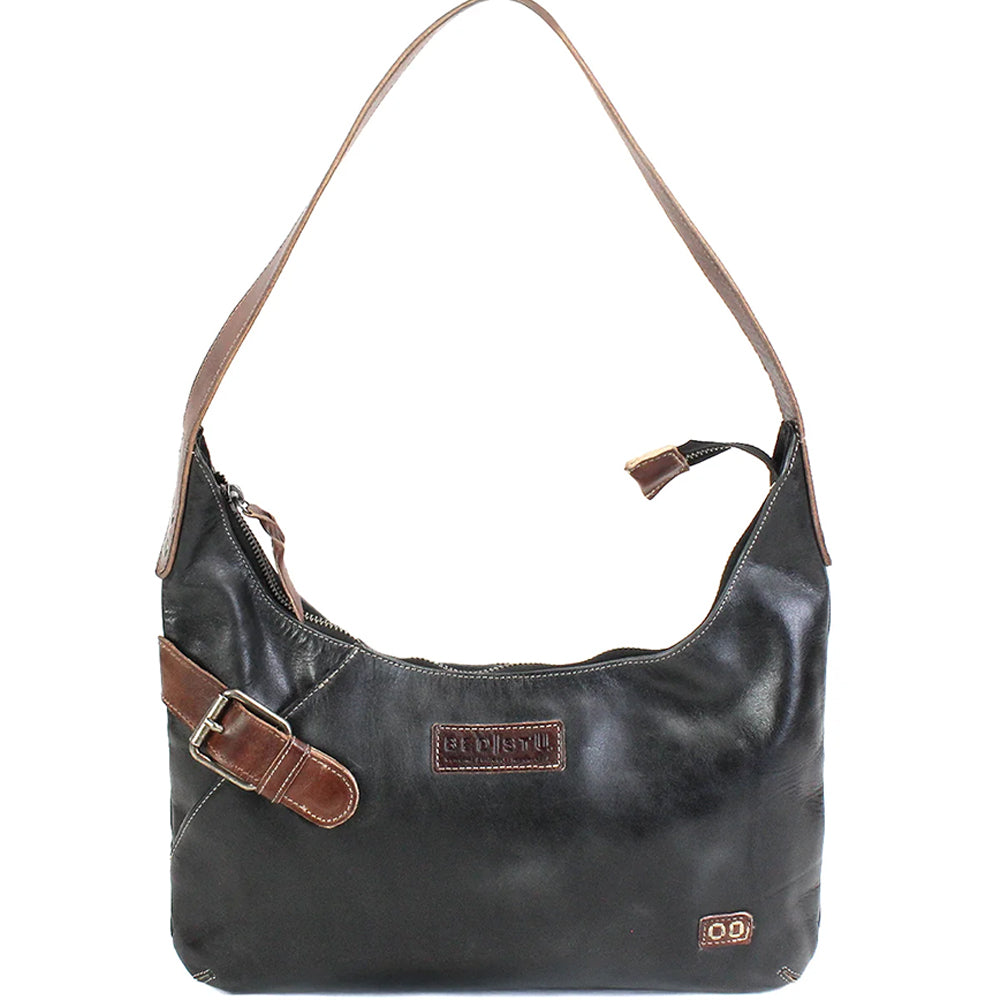 A black leather hobo shoulder bag with brown leather trim, a side buckle strap, and a zippered top opening, shown against a plain white background.