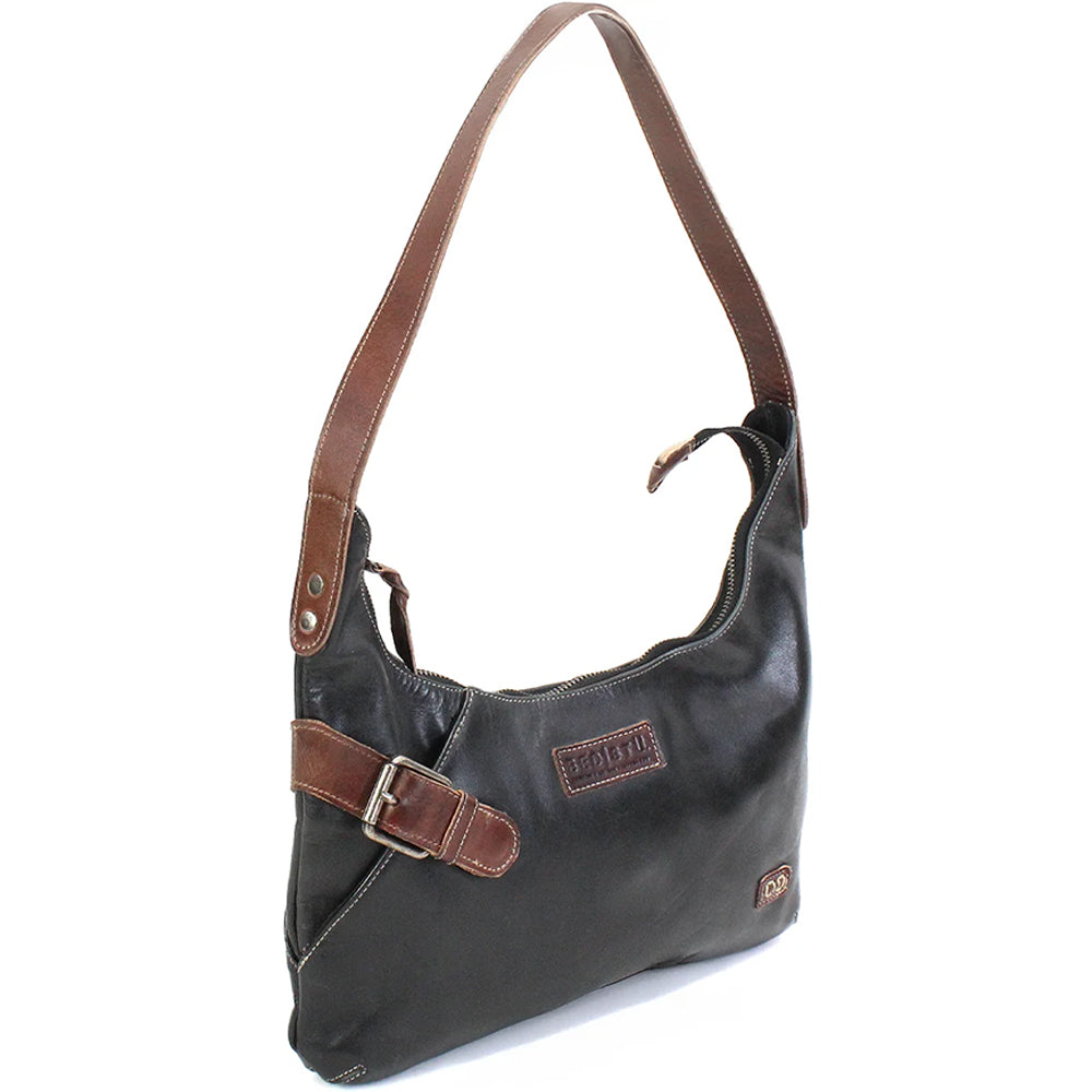 A black leather hobo shoulder bag with brown leather trim, strap, and buckle details, shown on a plain white background.