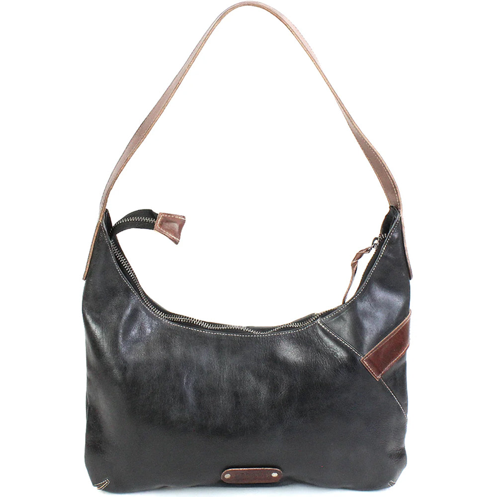 A black leather hobo shoulder bag with brown leather accents and a matching brown shoulder strap, shown against a plain white background.
