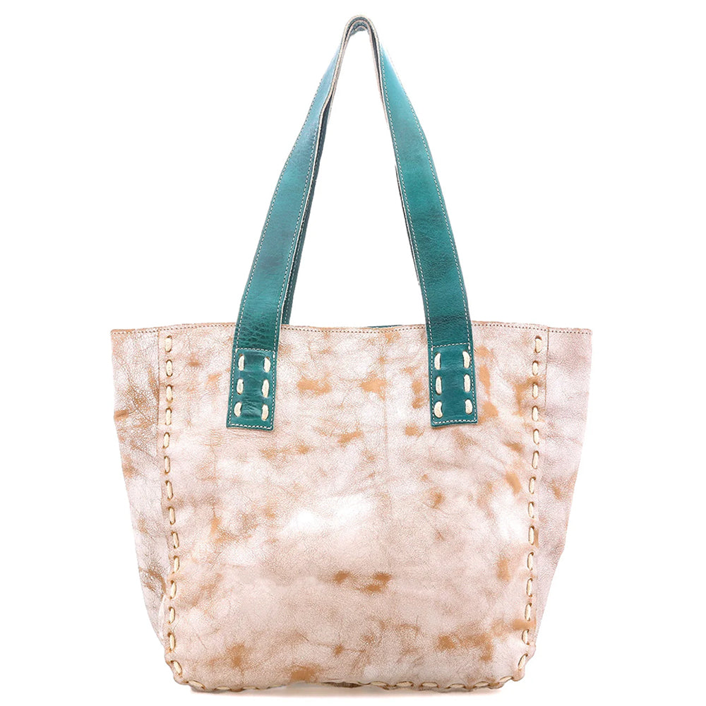A large tote bag with a light beige and white tie-dye pattern, featuring teal leather shoulder straps and gold-tone chain trim along the edges, shown against a plain white background.