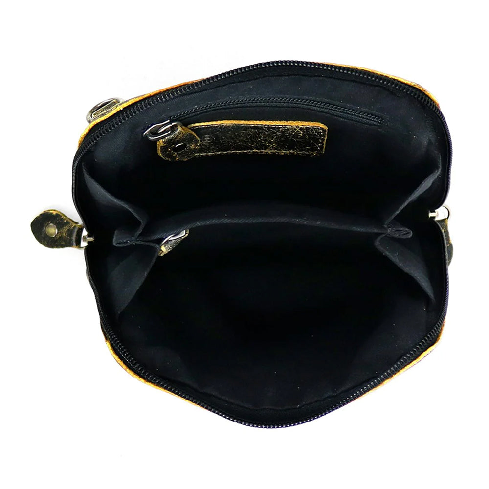 Black handbag with gold zipper on a white background