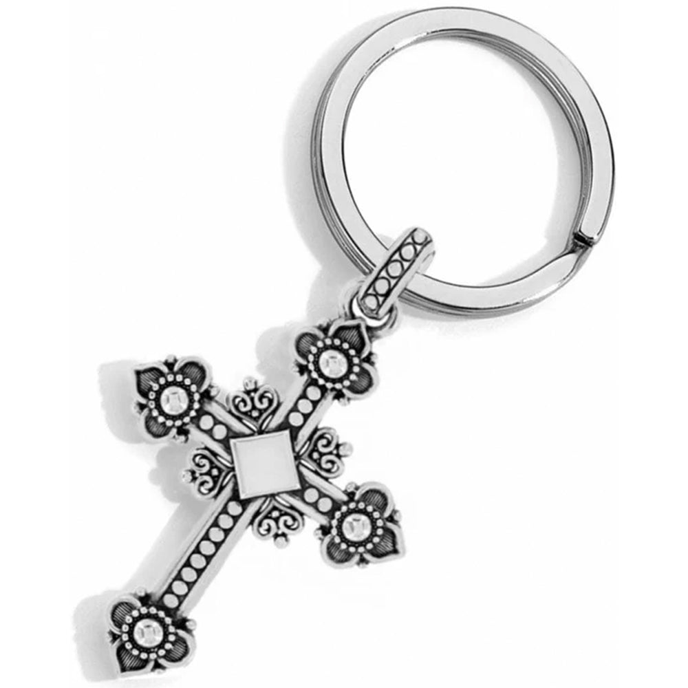 Silver cross keychain with decorative elements on a white background