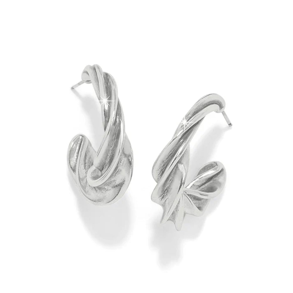 Pair of silver hoop earrings on a white background