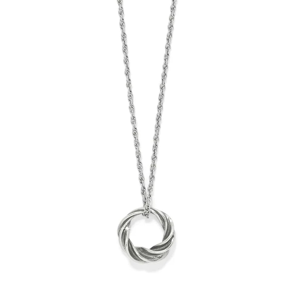 Silver necklace with a spiral pendant on a white background