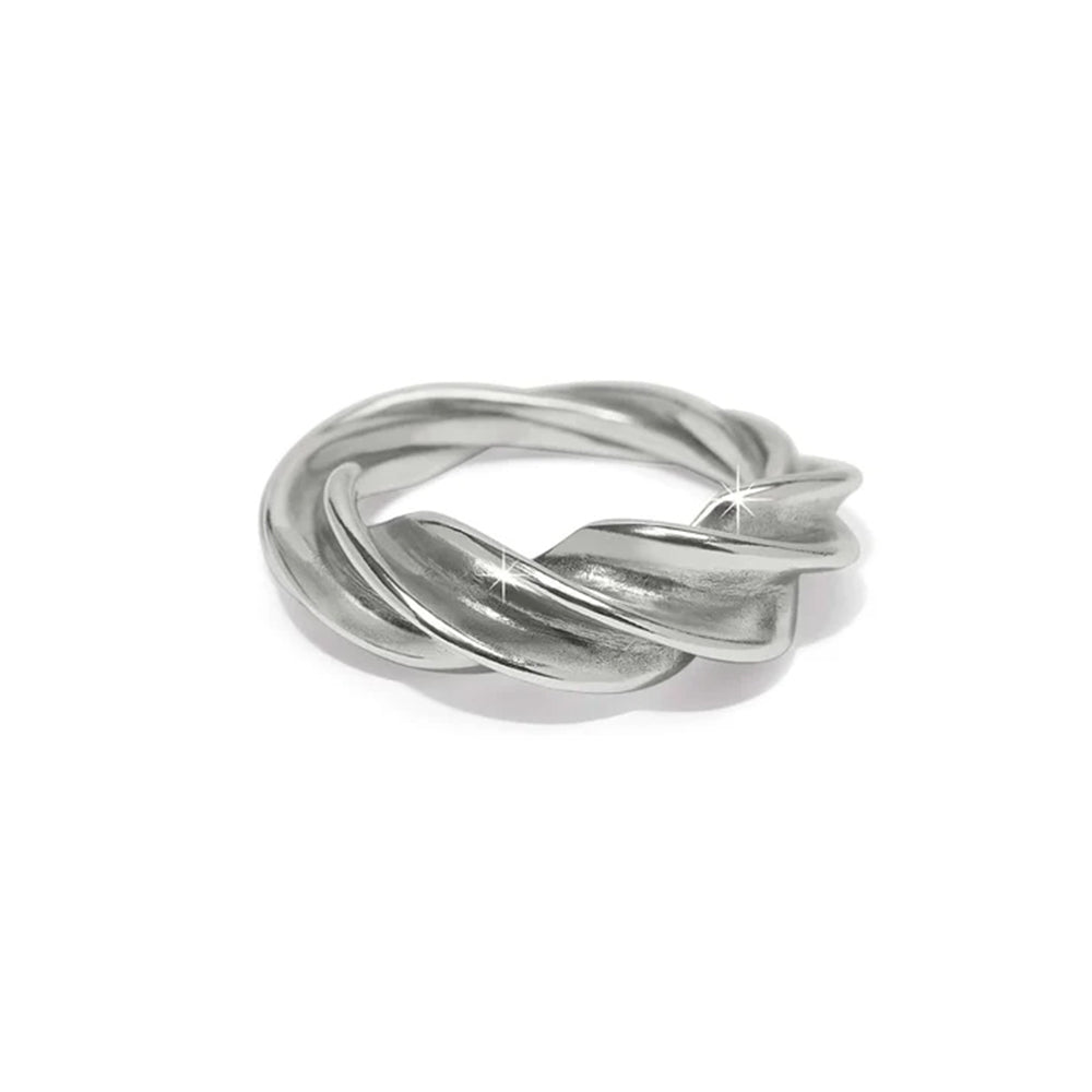 Silver ring with a twisted design on a white background