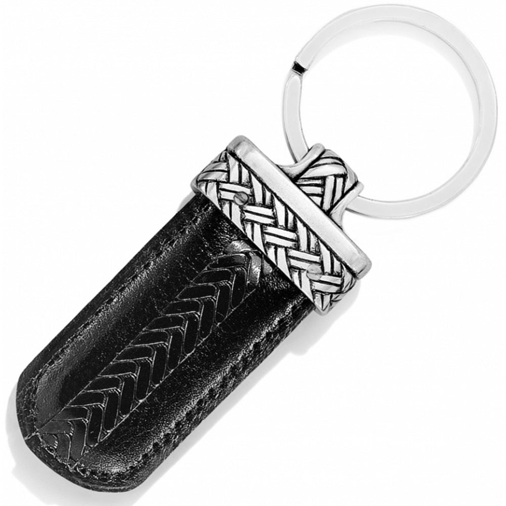 Black leather key fob with braided design and silver metal keychain on a white background