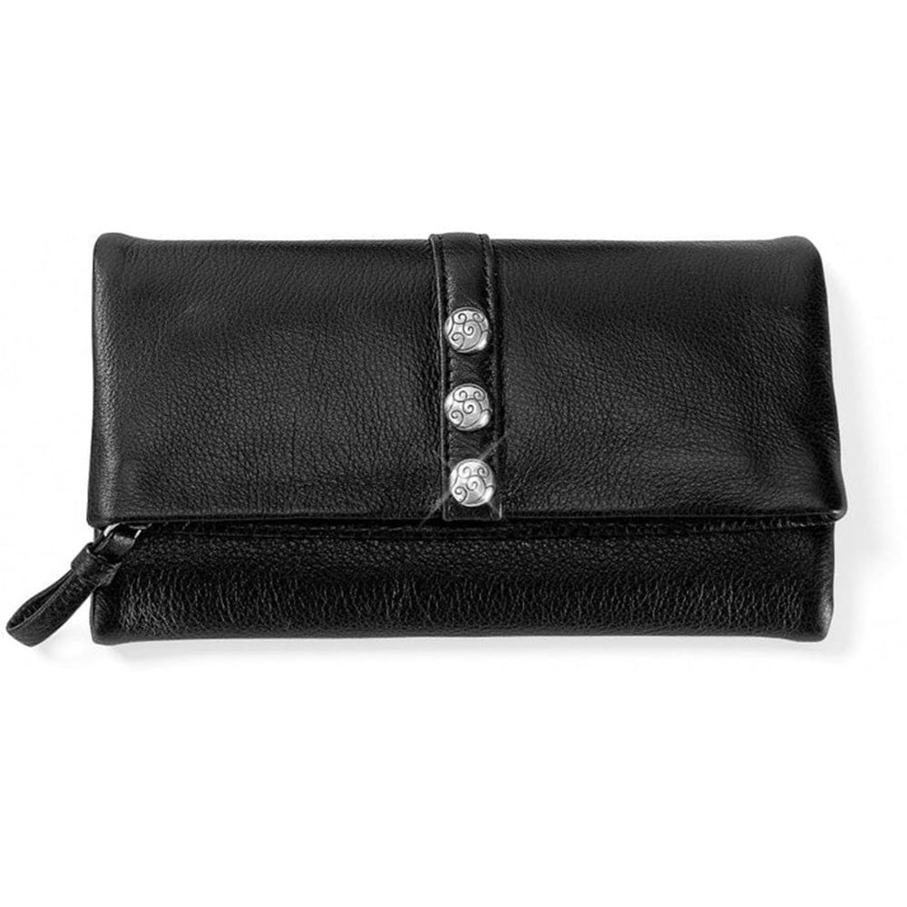 Black leather wallet with silver buttons on a white background