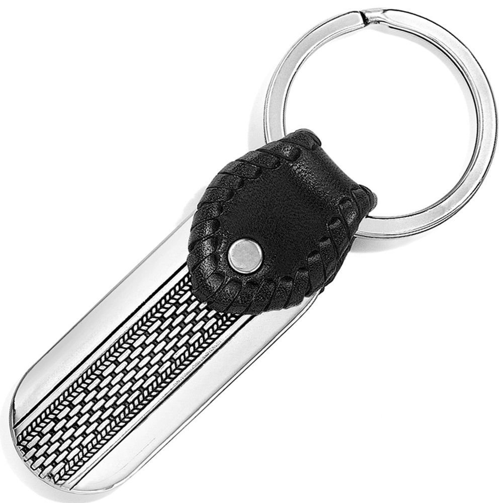 Keychain with black leather strap and metallic finish on a white background