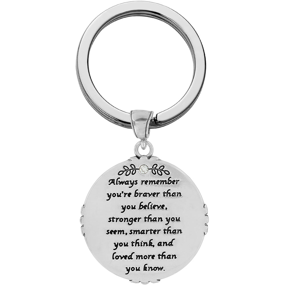 Silver keychain with motivational quote on a white background